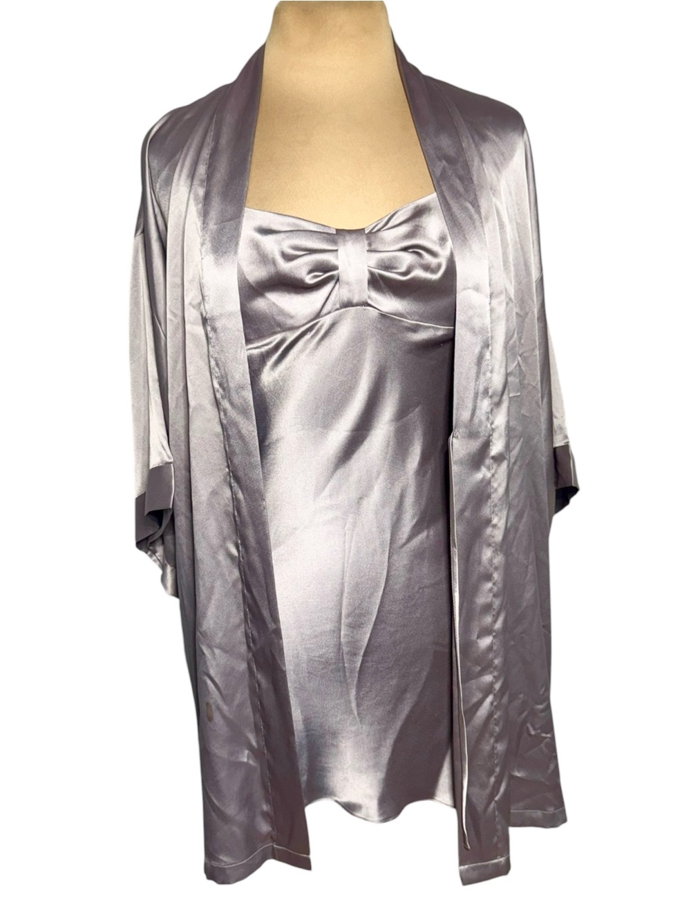 Vintage Victoria’s Secret Angels Satin Slip Dress Robe Set Smoky Pewter Lavender - Picture 2 of 14